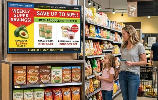 Smart LCD screen display system integrated into a modern retail supermarket environment showing dynamic promotional content